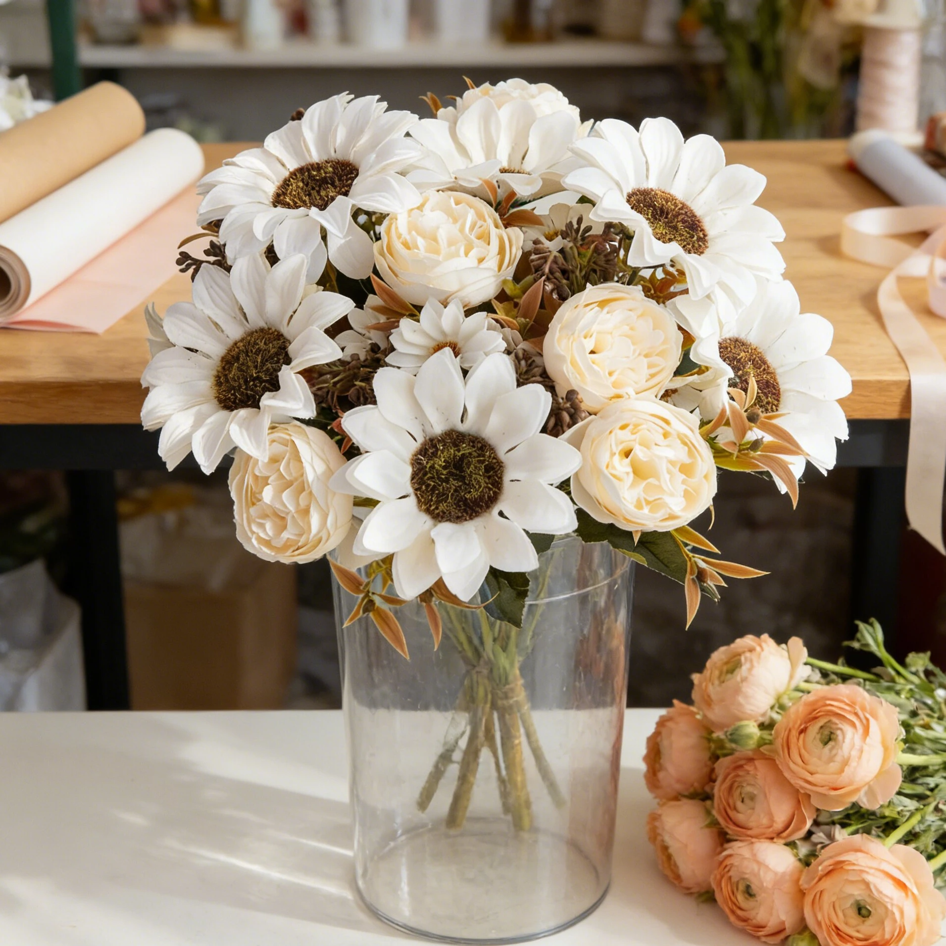 6 Stück Künstliche Blumen aus Seide, Hängende Sonnenblumen, Festkranz, Hochzeitsstrauß, Dekoration für Zuhause, Zimmer, Vasen, Fensterbänke, Herbstdekoration – Detail 5