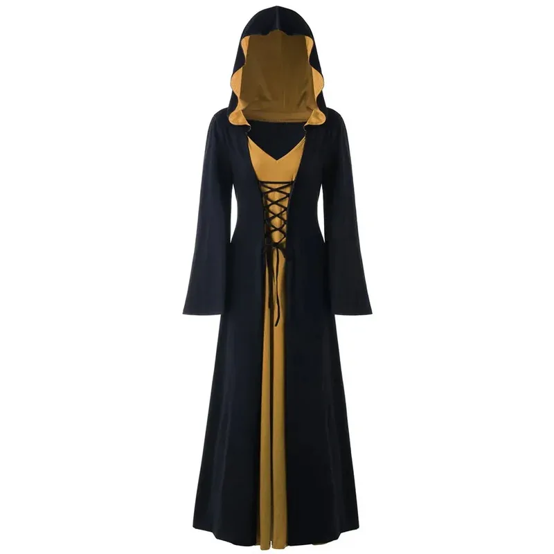 Vestido medieval para mulheres, vestido vintage com capuz, manto, adulto, retrô, cosplay, halloween, assustador, vampiro, bruxa, vestido longo