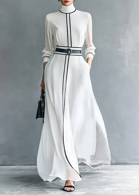 

Women's Dress Tailored Fashionable Color Blocking High Neck Elegant Temperament French Long Sleeved Dress Suitable for Banquets