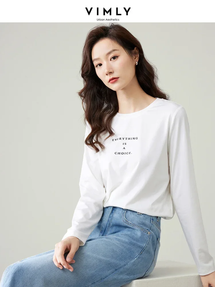 Vimly Basic Women\'s T-shirt 2023 Autumn Simple Letters Long Sleeve Tops Casual Loose Fit Round Neck Pullovers White Base Tees