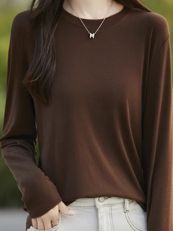 

Женская однотонная футболка с длинным рукавом и круглым вырезом из лиоцелла, эластичная, базовая, для ношения под одеждой, универсальный топ, коллекция ранняя осень 2025