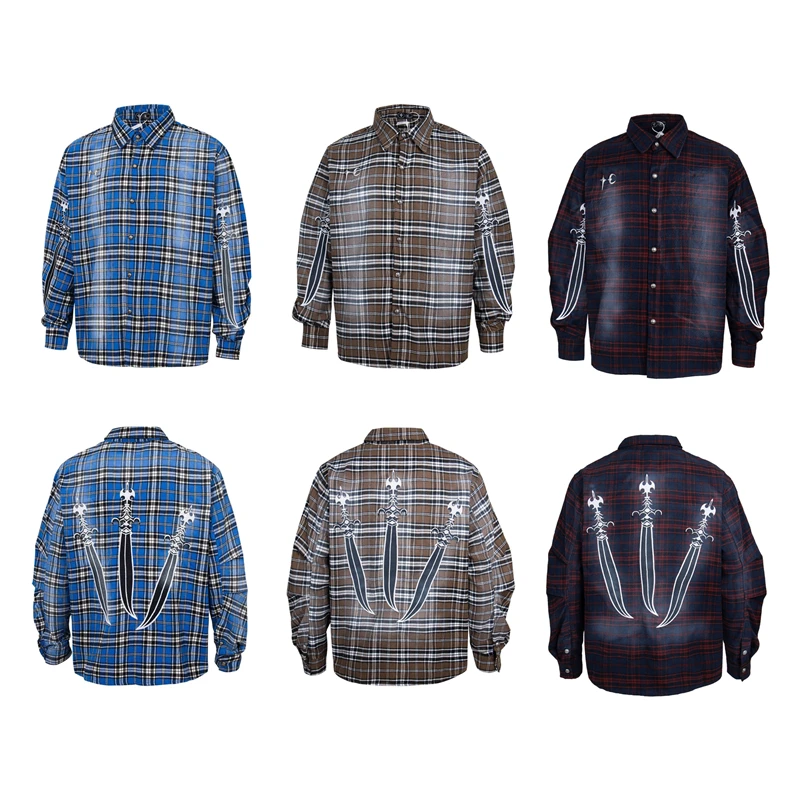 THUG CLUB Embroidery Spray Custom Metal Button Plaid Shirts Men Women Handmade Destruction Of Tassels Oversize Shirt