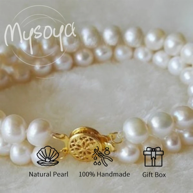

MYSOYA Double-layer White Freshwater Pearl Bracelet 7-8mm With Gift Box For Her/ Him For Birthday Wedding Valentine's Day