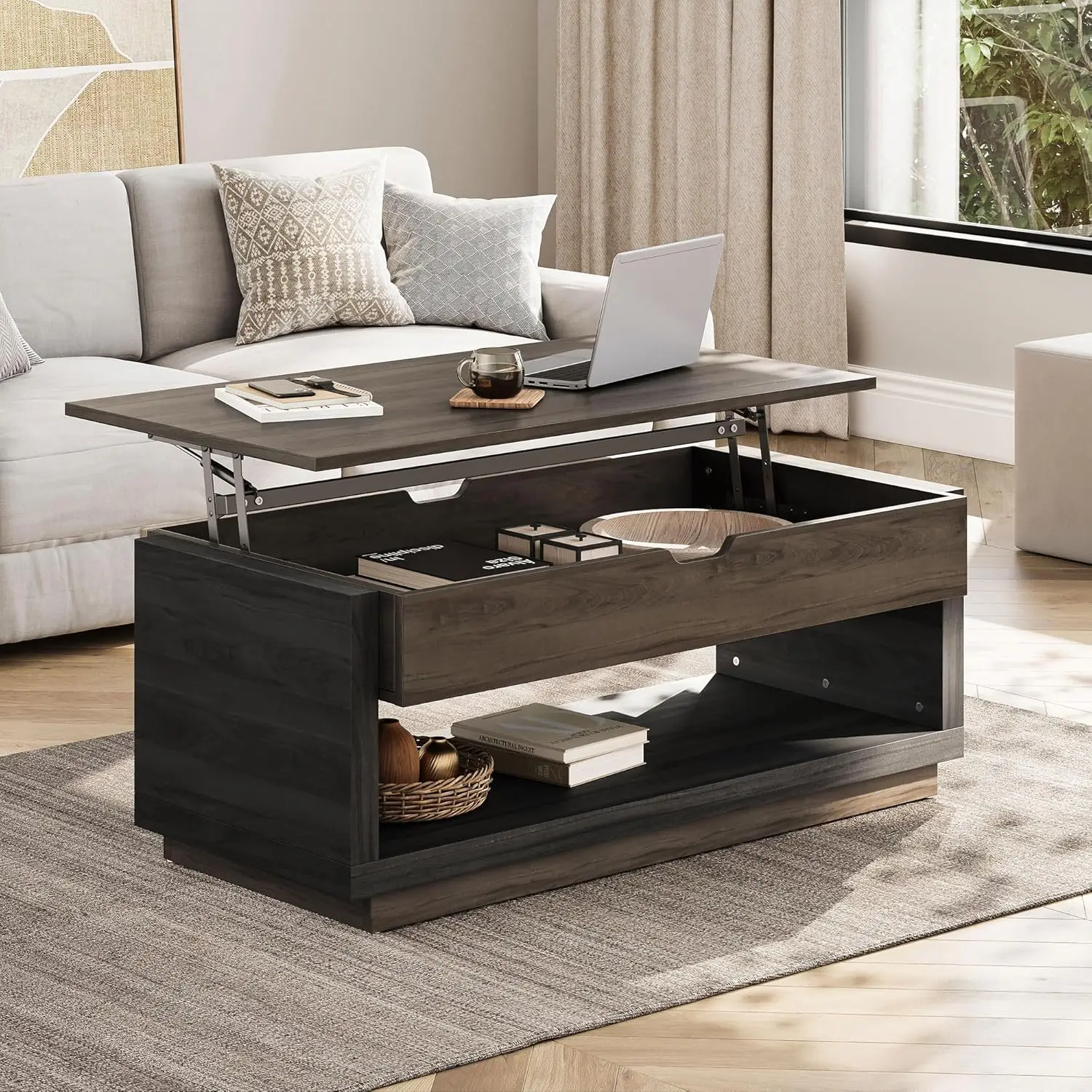 Coffee Table, Lift Top Coffee Table with Hidden Compartment and Open Storage Shelf, Central Table for Living Room