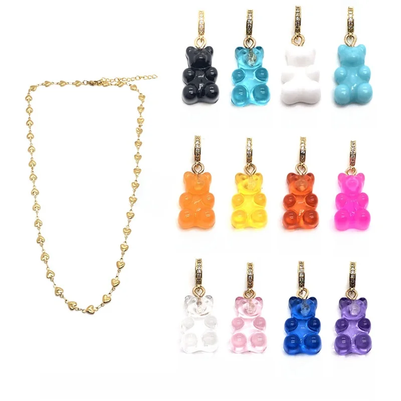 GD Crystal Bear Lollipop Pendant Necklace Multicolor Korean Style Titanium Steel Unisex Fashion Jewelry  out