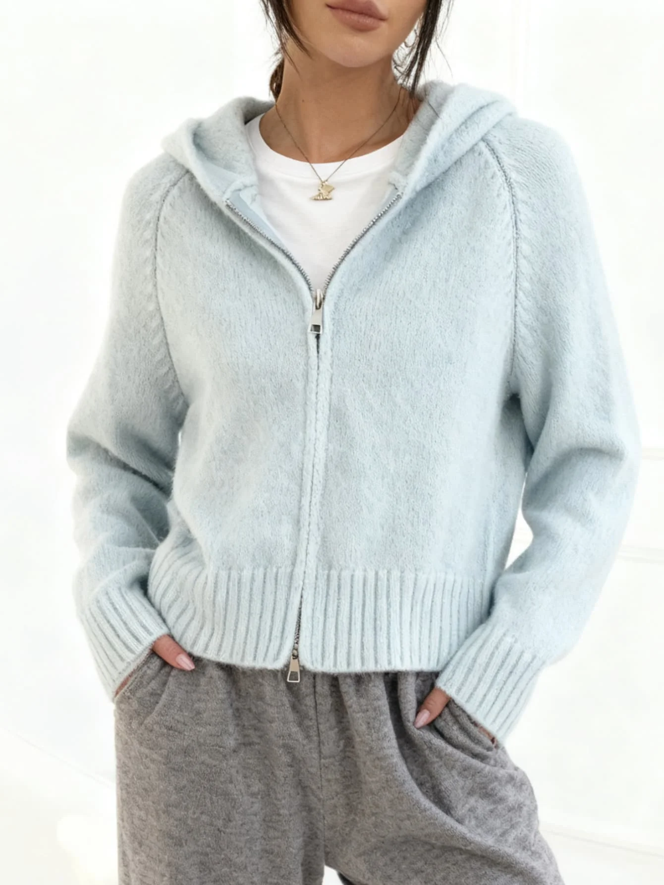 Herbst- und Wintermode, Doppelreißverschluss, Kapuze, Strickjacke, mehrfarbiger Pullover mit Taschen, langärmeliger Damenpullover