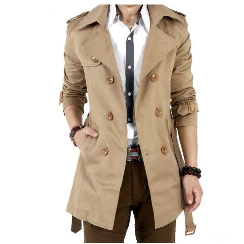 Men's Windbreaker Jacket Vintage Black Khaki Spring Autumn Business Trench Male Double Breasted Retro Classic Long Coat Thick