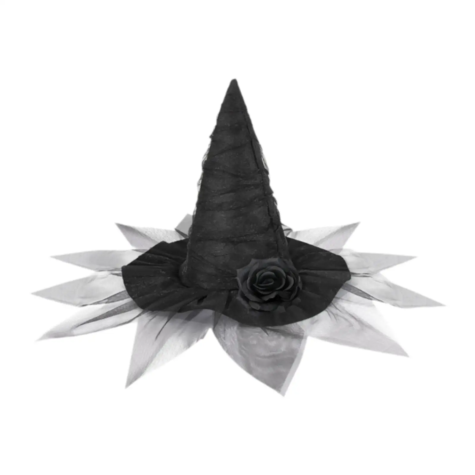 Halloween Witch Hat Baroque for Women with Flower Decoration Black Witch Hat