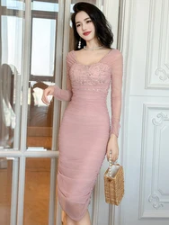 New Chic Spring Autumn Pink Dresses Women's Clothes Mujer Ladies Elegant Sexy Long Sleeve Slim Fit Dress Robe Femme Prom Vestido