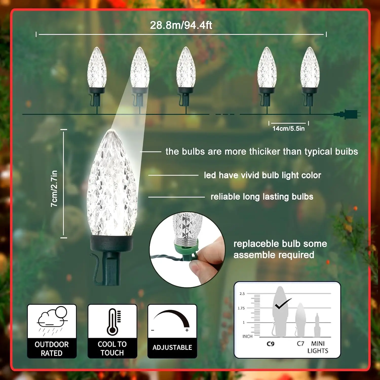 120 LED C9 Christmas Lights,String Lights,Christmas Light Decor with 8 Modes Waterproof,for Wedding Parties,Christmas decor