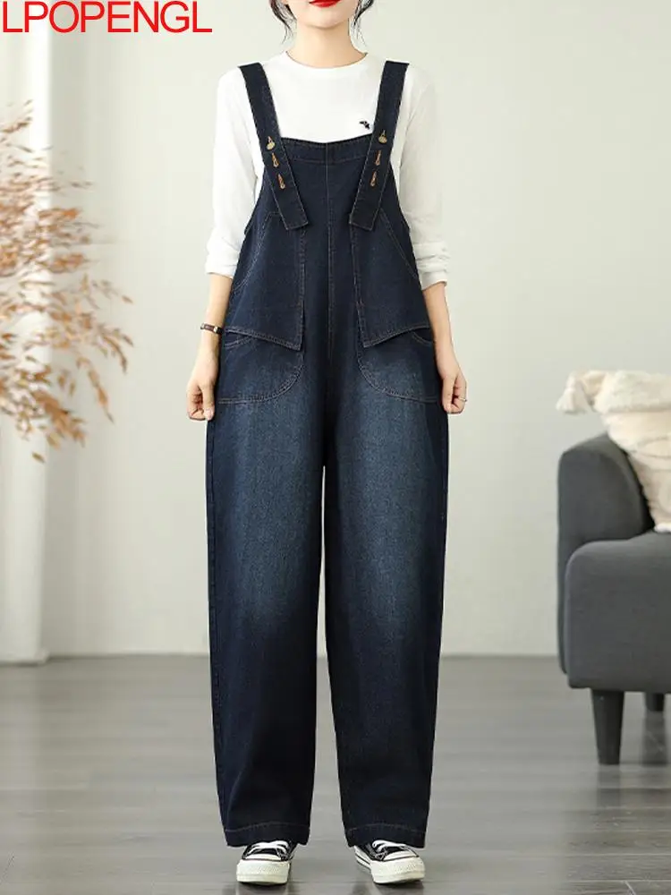 Outono novo retro angustiado cowboy cinta macacão feminino solto casual de uma peça calças de perna larga retalhos bolso streetwear jeans