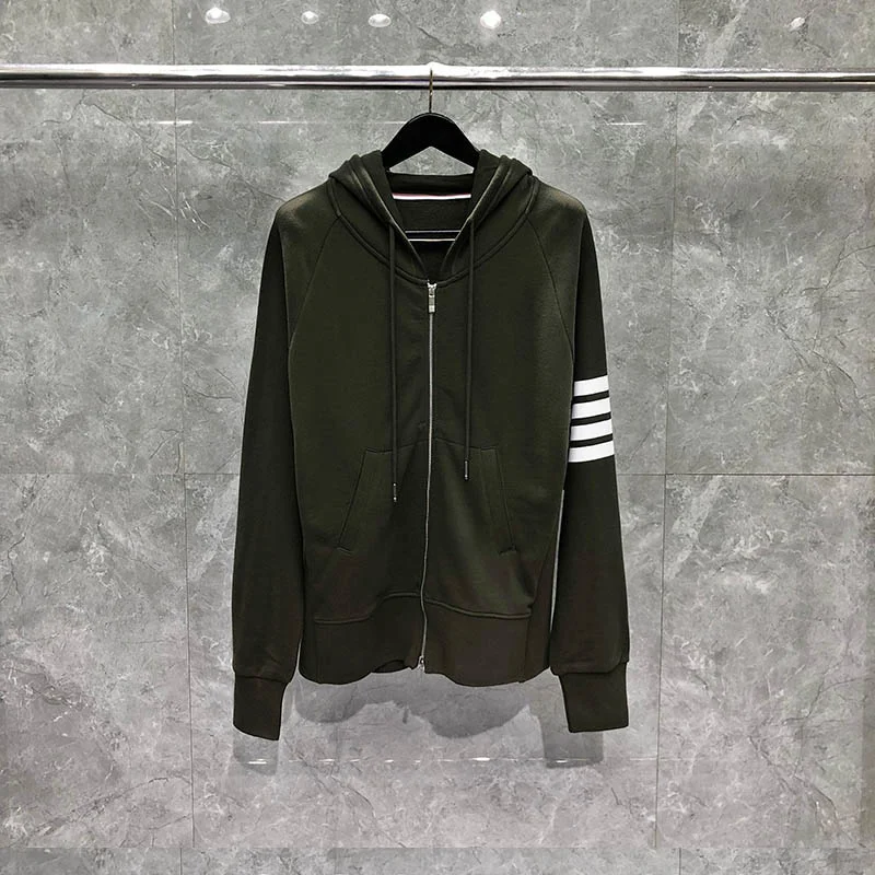 

Men's TB Thom Zip Up Lined Hoodie Sweatshirt Classic 4 Bar Striped Cardigan Jacket Spring Winter Cotton Army Green Swatershirt