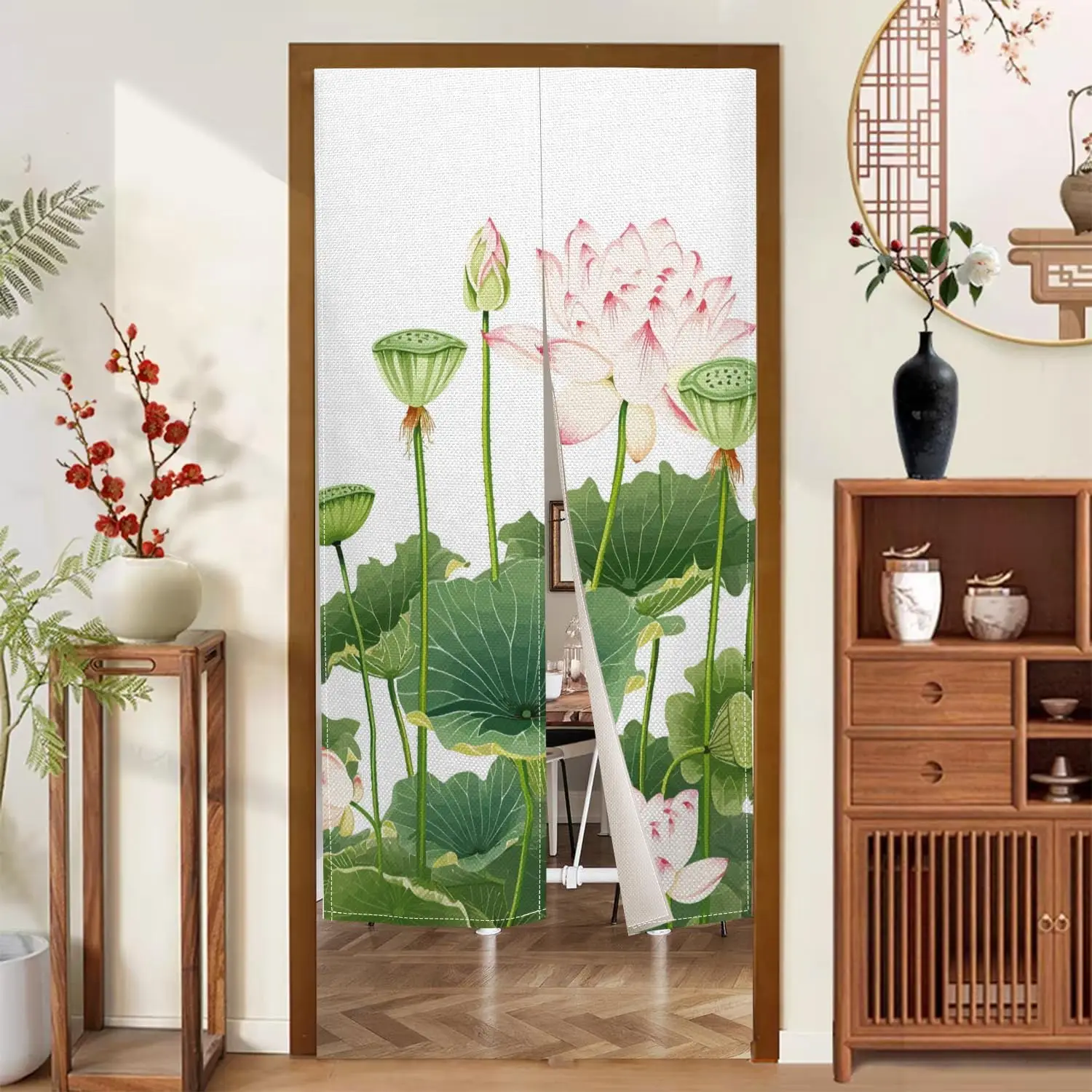 Chinese Ink Wash Lotus Door Curtain, White Linen Texture Background Pink Lotus & Seed Pod Print, Serene Oriental Decor Room