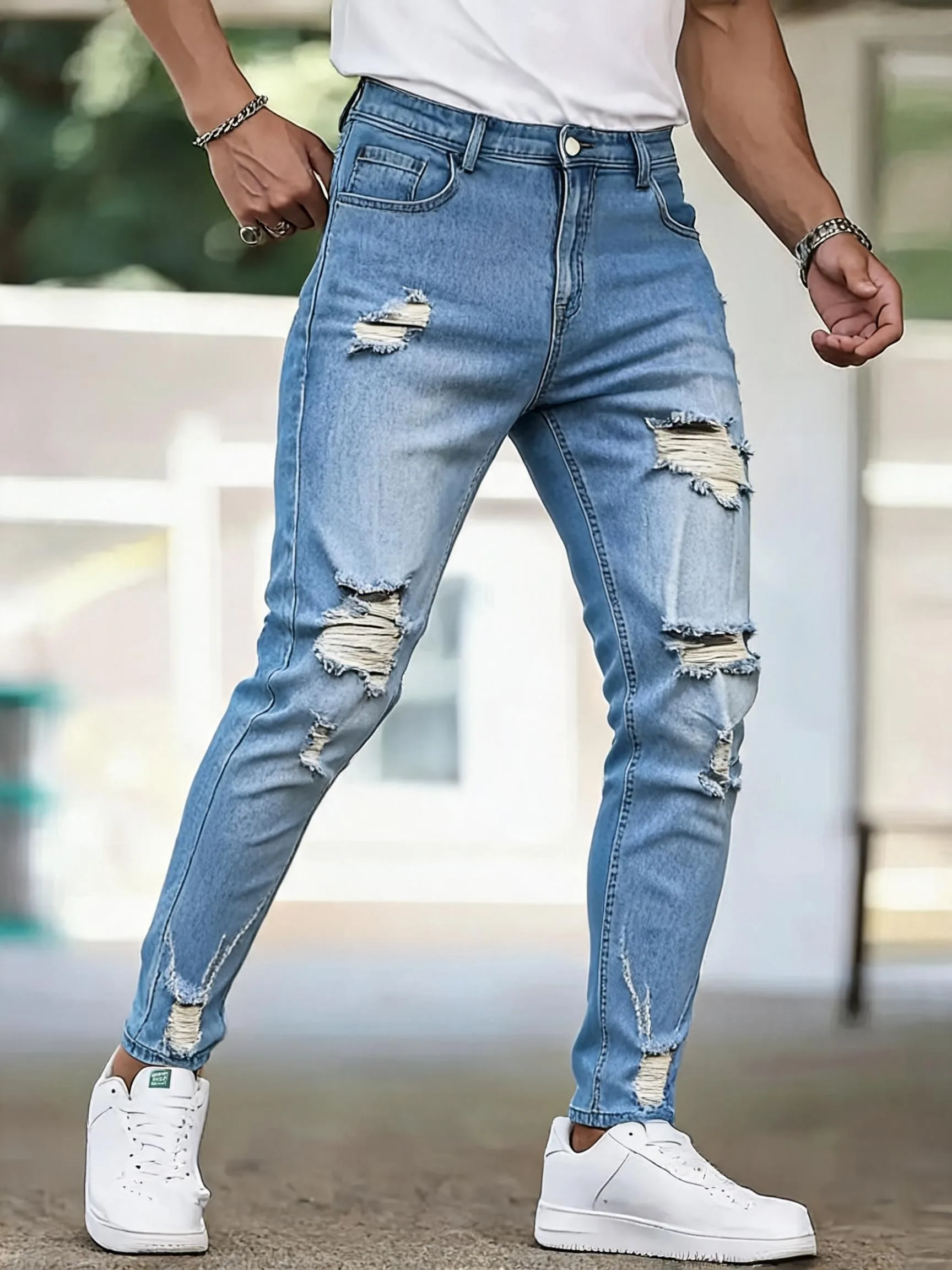 

Men Casual Jeans Sky Blue Slim Bold Street Ripped Craft Jeans Standard Mid Rise Four-season Trousers Street Vibe Weekend Daily Bottoms