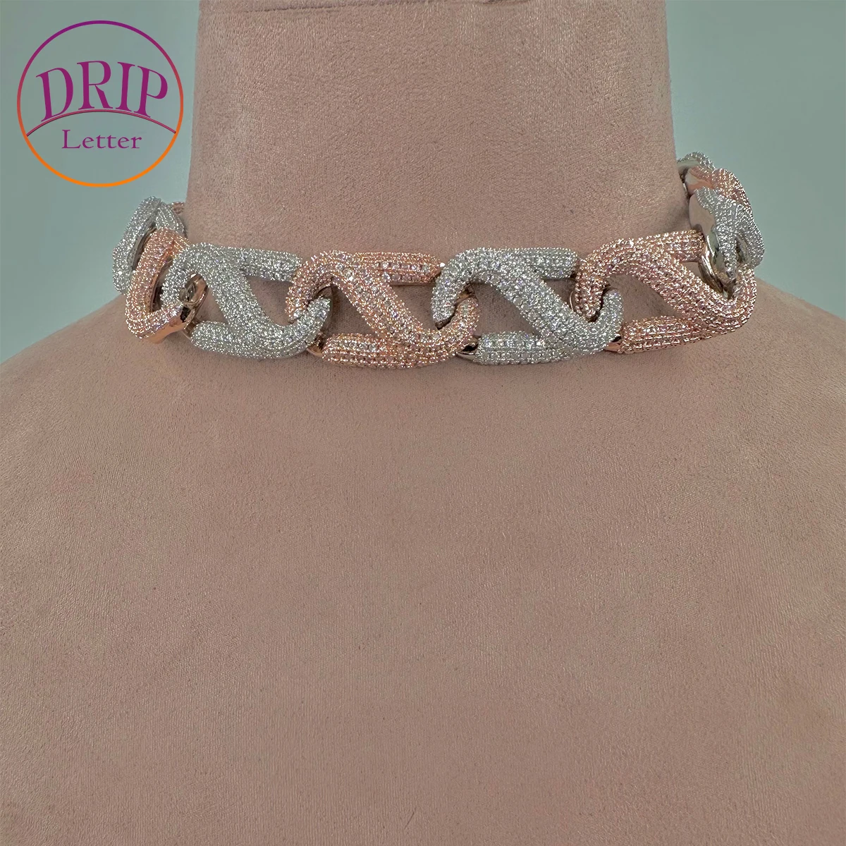 

Drip Letter Iced Out Cuban Link Chain Prong Necklace Choker for Men Real Copper Cubic Zirconia Hip Hop Jewelry