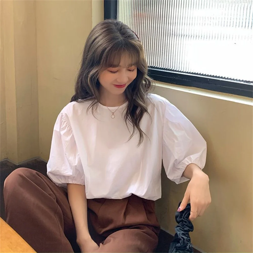 

2025 Solid Color Short Sleeve Women's Puff Sleeve Blouse Summer Loose Female Shirt High Quality Blouse Tops
