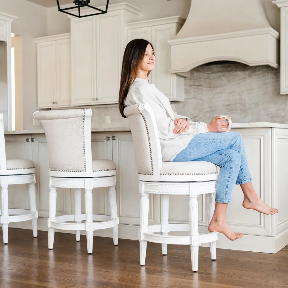 31 Inch Tall Bar Height Upholstered Barstool with Back in Alabaster White Finish with Cream Fabric Cushion Seat, Set of 2