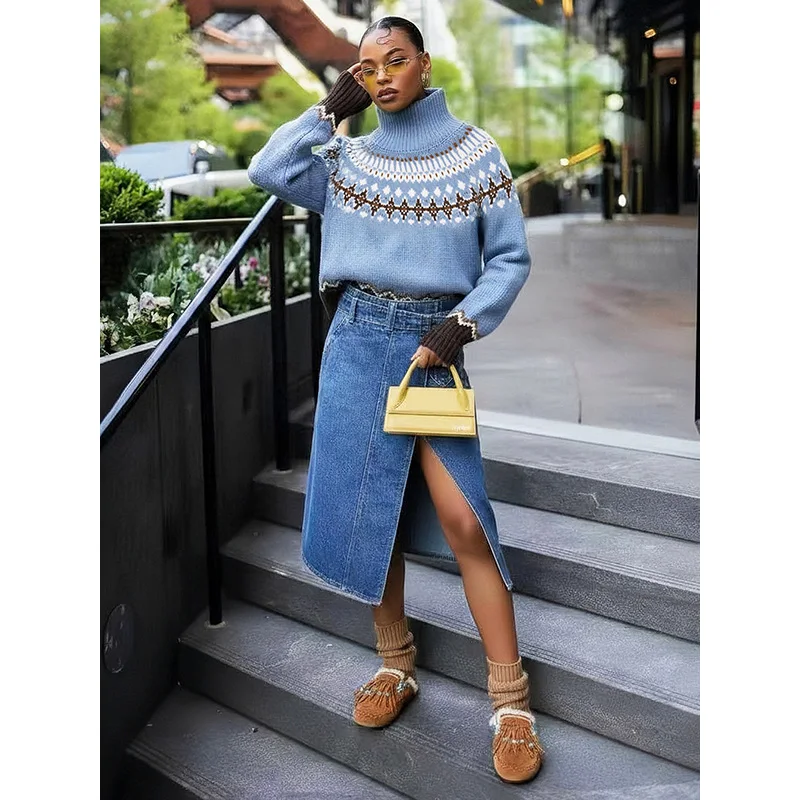 Slergiri Vinatge Turtleneck Jacquard Sweater Women Fashion New 2026 Autumn Winter Ethnic Style Long Sleeve Knitted Pullovers Top