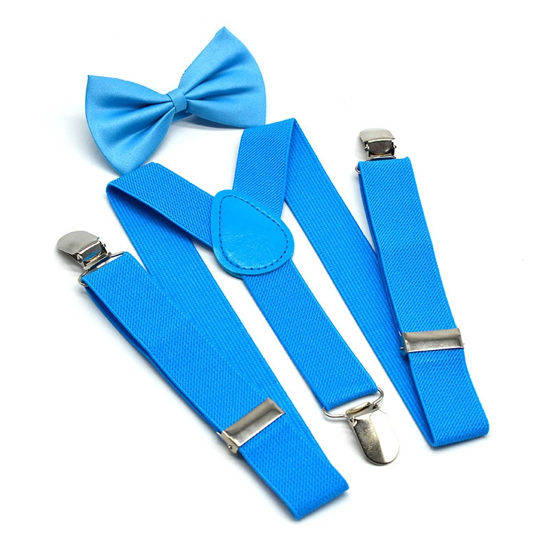 1Set Boys Girls Suspenders Clip-on Y-Back Braces Bow Tie Kids Adjustable Elastic Soild Color Children Belt Bowtie Set