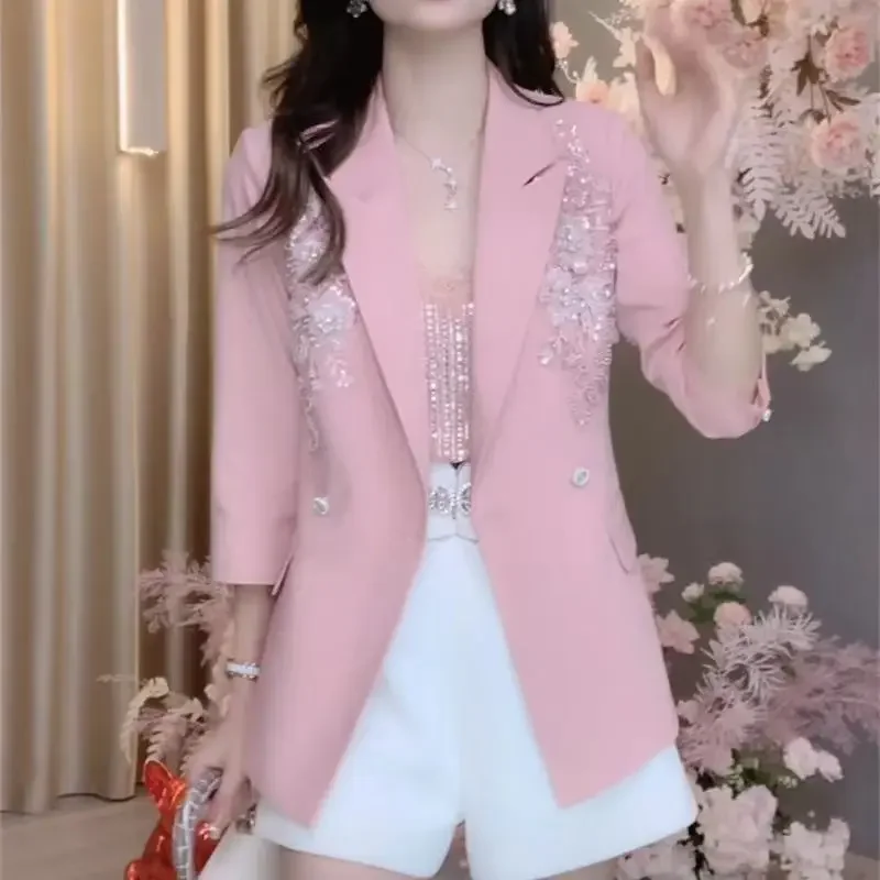 Summer 3D Carved Flowers Embroidery Sequined Blazers Coat Beaded Suit Jacket Half Sleeve Turn Down Collar OL Cardigan Slim Tops