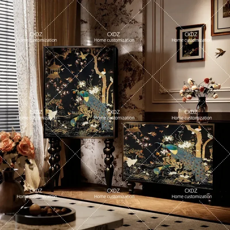French Chinese style peacock flower bird solid wood tall cabinet living room wall storage dining room locker entrance