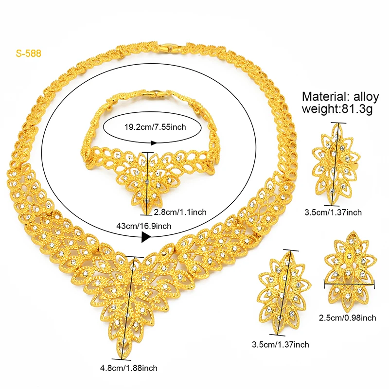 Dubai Luxurious Gold Color Jewelry Set Leaf Necklaces For Women Bride Earrings Rings Indian Nigerian Wedding Jewelery Set Gifts