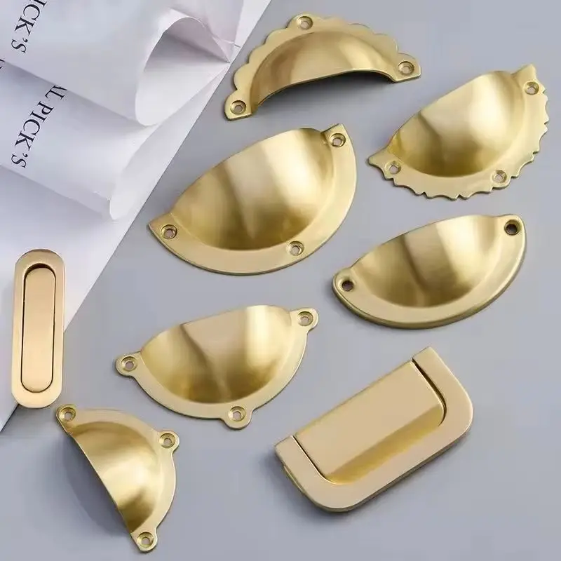 Retro 4PCS Pure Brass Furniture Handles Drawer Pulls Tatami Hidden Embedded Pulls Cupboard Wardrobe Closet TV Cabinet Pulls