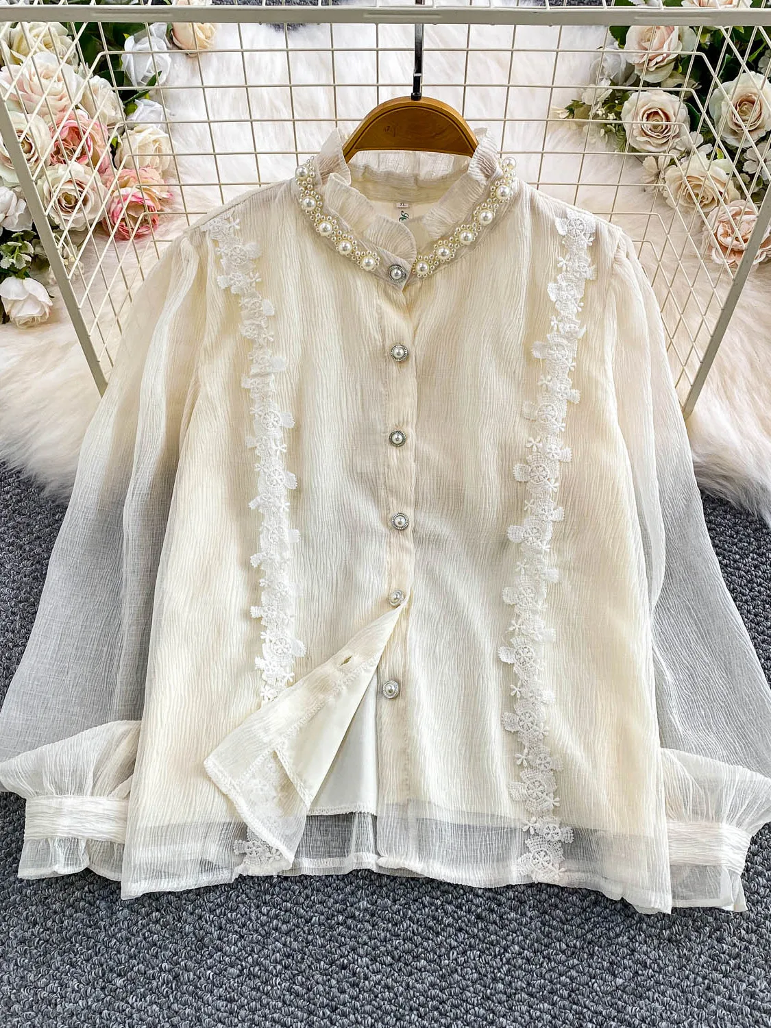 

Женская блузка Ele Lady Court Sle в стиле ретро, роскошная, с бисером, воротником-стойкой, осенне-зимняя, мягкая, элегантная, с кружевными вставками, открытая.