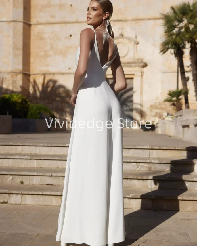 Customized 2024 Sexy V Neck White Backless Wedding Dresses Pants Bridal Gowns vestidos de novia de talla grande