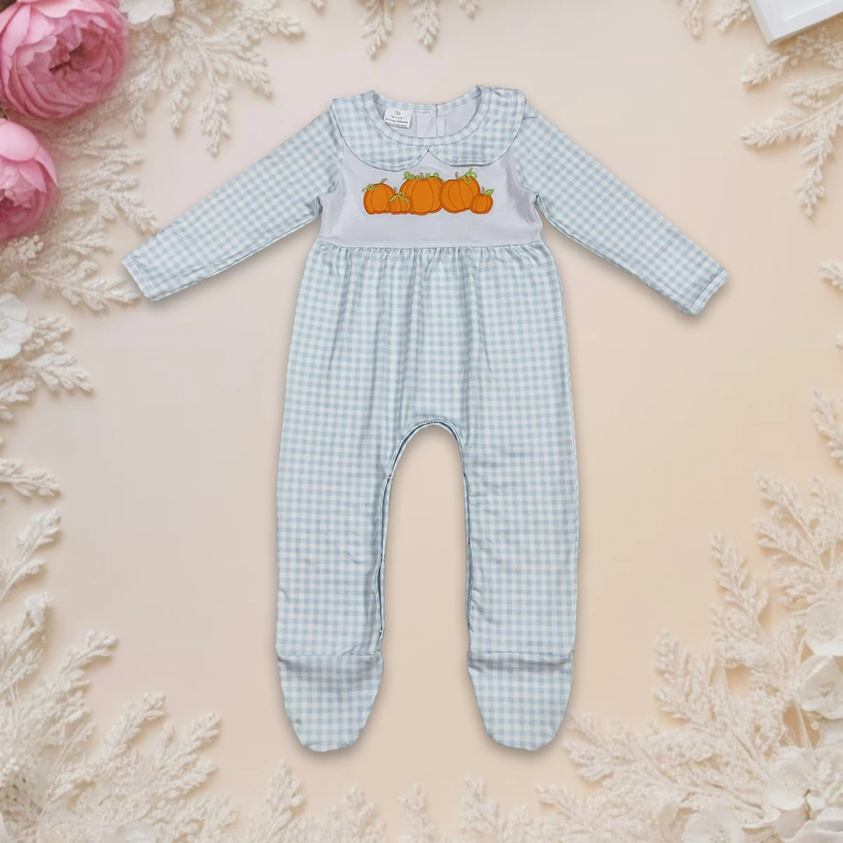 

Осенний комбинезон в клетку для новорожденных на День Благодарения, цельный комбинезон с длинными рукавами и тыквой для маленьких девочек, одежда