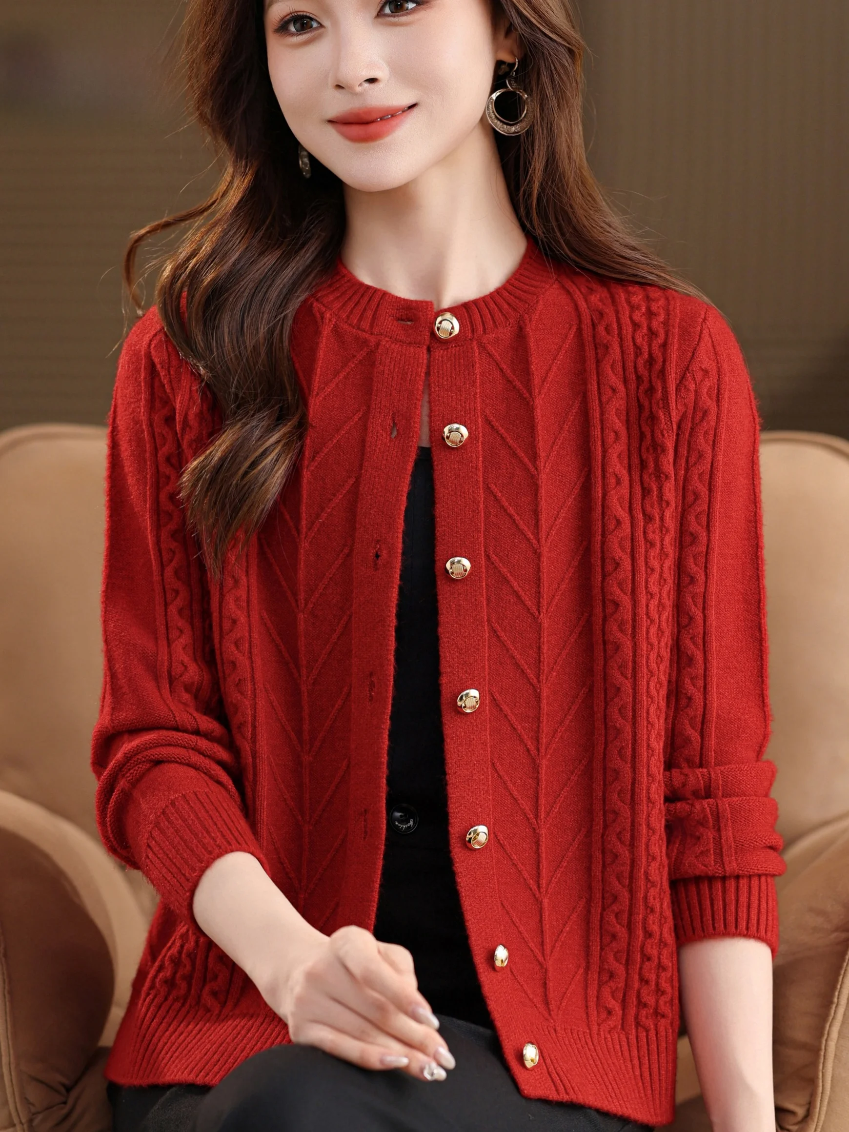 

Thiened Knitted round Ne Open Cardigan for Middle-Aged And ly Women Faionable Sweater Jaet Mom Sle Luxury Feel