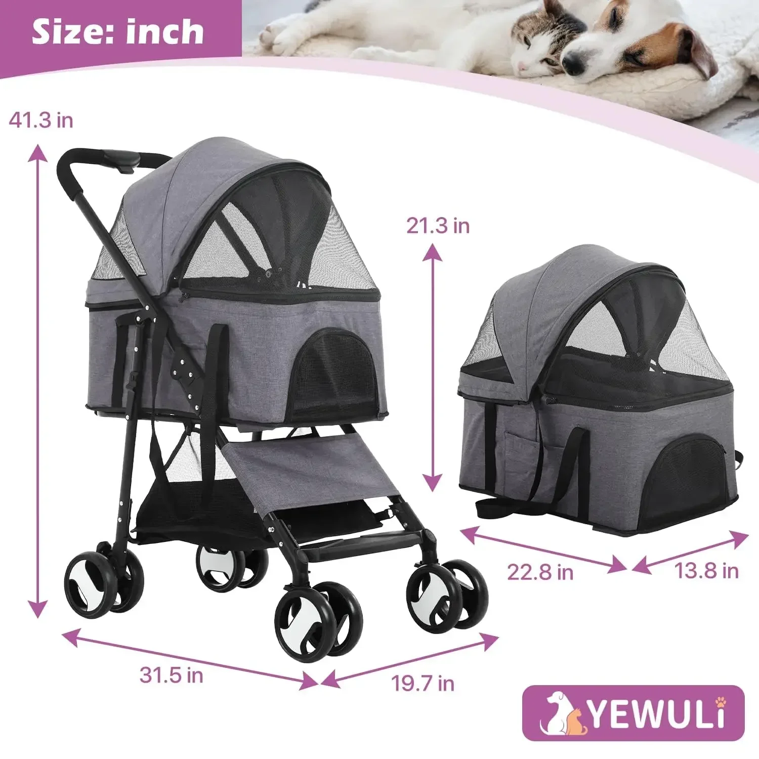 3-in-1 dog cart for small dogs up to 30 pounds with retractable roof cover 4 EVA wheels with shock absorbers