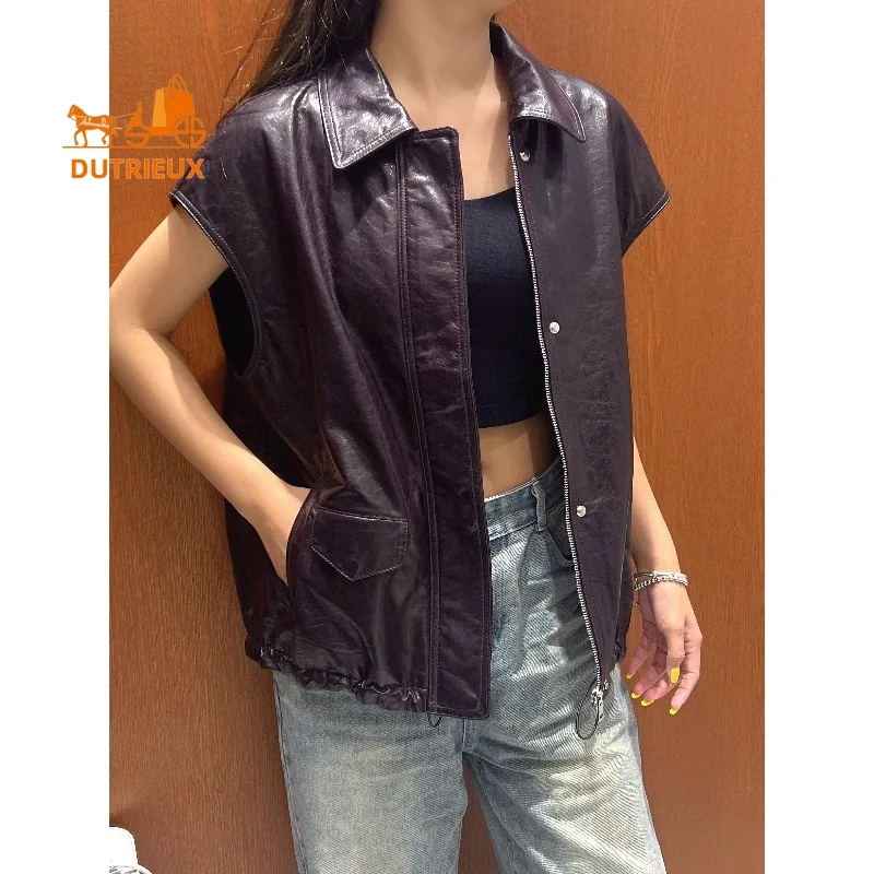 2025 Herbst Damen Leder Weste aus echtem Leder mit zartem Saum und Kordelzug, 100 % echtes Schaffell, exquisiter und eleganter lockerer Mantel