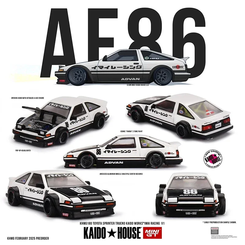 PreSale KHMG 180 1:64 Toyota Sprinter Trueno AE86 IMAIRACING V1 Openable Hood Diecast Car Model Kaido House MINIGT