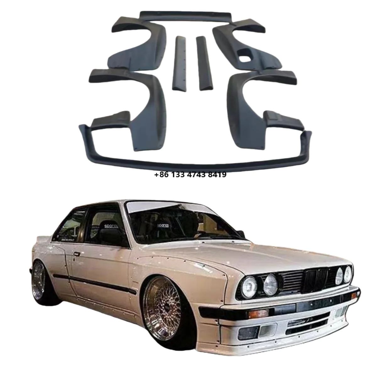 E30 modified carbon fiber side skirts, front and rear spoilers, trunk covers, front and rear bumper wide body kits, fenders