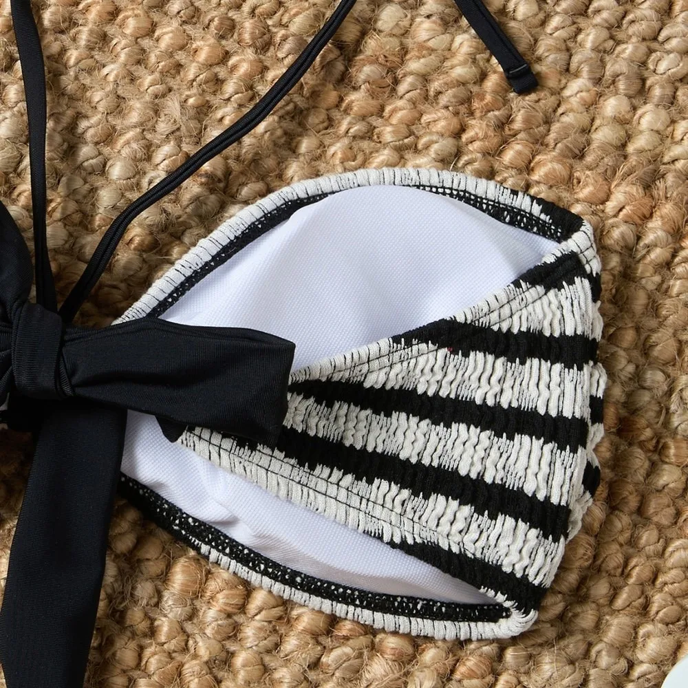 Sexy Black And White Striped Bikini Set With Straps Beach Vacation Swimwear For Women Tankini Swimsuits Women Biquinis Set