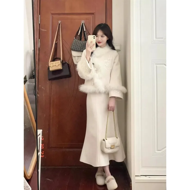 Winter Plus-Size New Chinese Style Wool Coat Classic Style Graceful Lady Suit Two-Piece Set for Women Female Office Lady Trendy