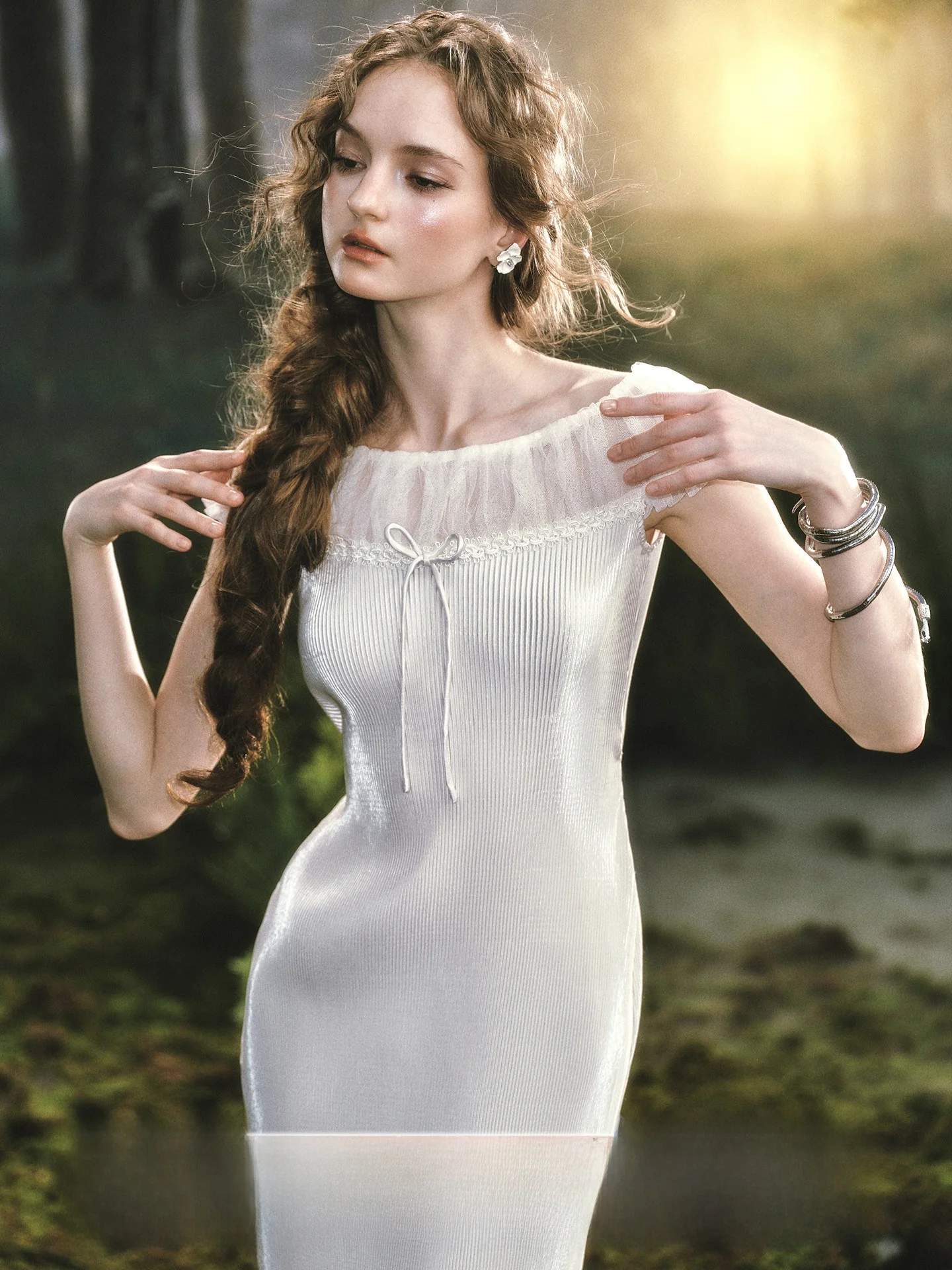 

Classic Empire Style White Dress Women's Fashion Spring Summer Short Sleeve Slim Fit Dress French Style Soft Material
