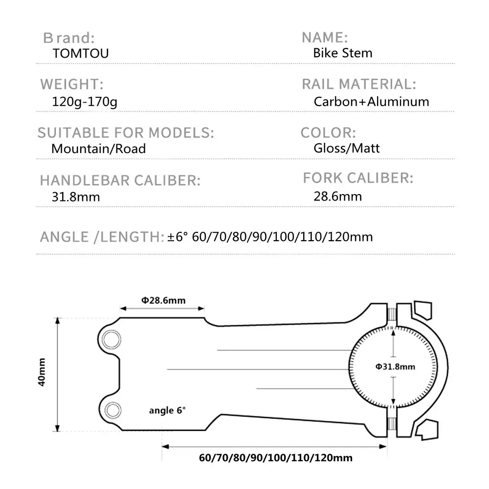 TOMTOU Aluminum+Carbon Stem Bicycle Stem Road Bike MTB Stem 31.8mm Handlebar 60/70/80/90/100/110/120mm Cycling Parts