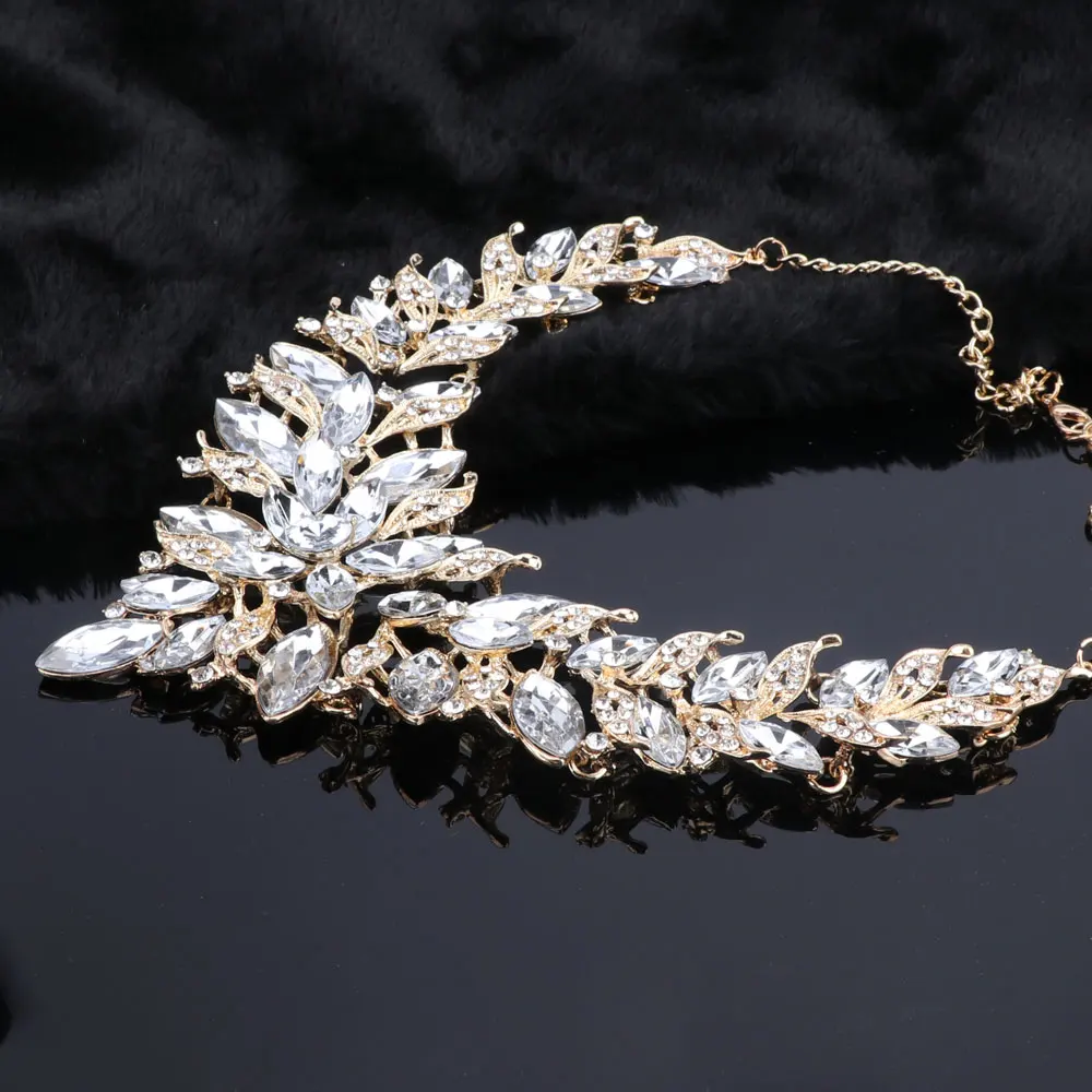 Luxury Flower Indian Bridal Jewelry Sets Wedding Costume Gold Color Necklace Earrings Set Crystal Set Jewellery for Brides Women