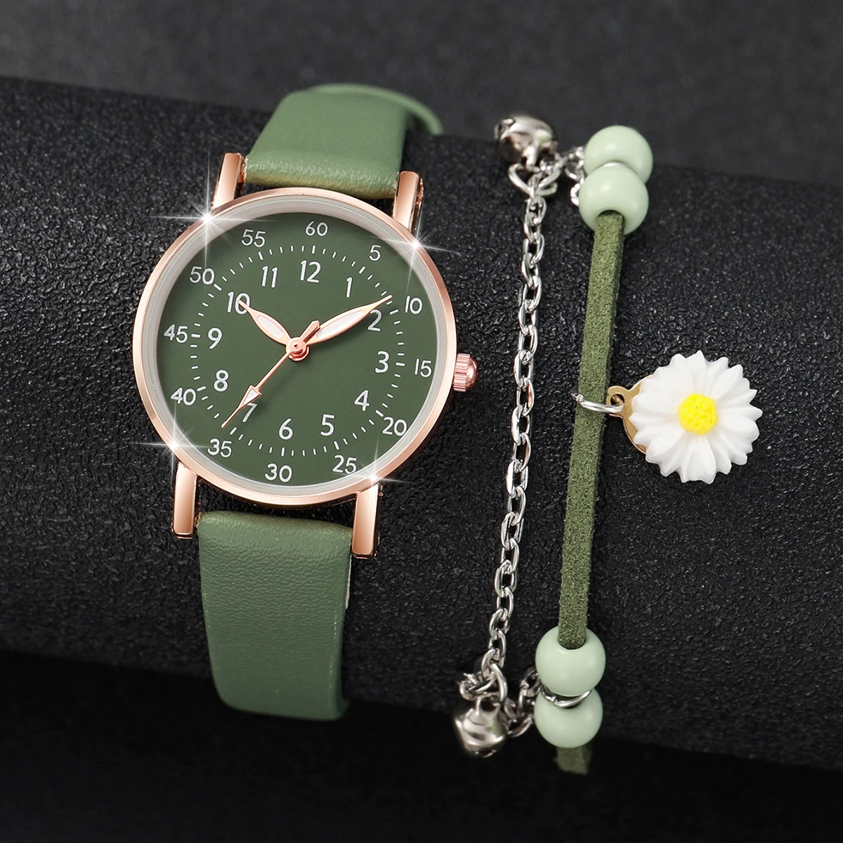 2PCS/Set Women\'s Watch Fashion Arabic Dial Leather Band Quartz Watches Flower Bracelet Set