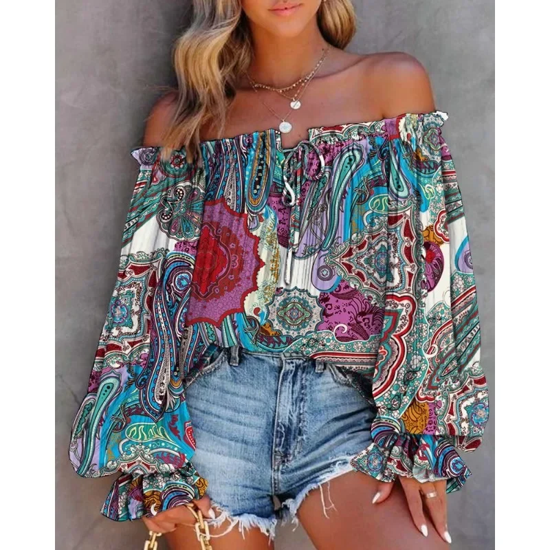 Women Off Shoulder Shirt Blouse Summer Floral Print Casual Long Sleeve Tops T-Shirt V Neck Retro Ethnic Style Loose Women Blouse