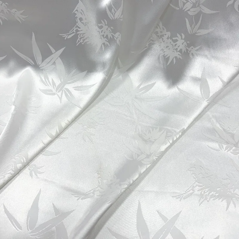 Faux Silk Satin Jacquard Fabric Off White Small Bamboo Leaf Drapey Wrinkle Resistant Soft Smooth Shirt Hanfu Dress DIY Sewing