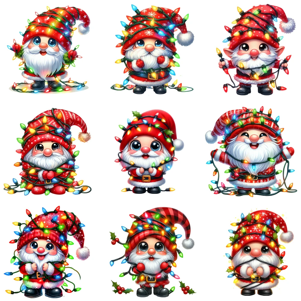 15cm Cute Christmas Gnomes Colorful Light Dwarf Diy DTF Heat Transfer Sticker T-shirt Clothes Decals Iron On Transfer Stickers