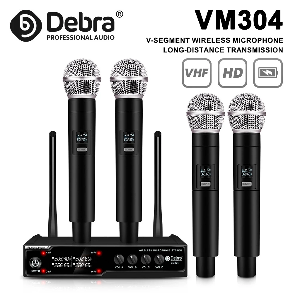 

Debra VM304 4-channel wireless microphone system, handheld microphone set, 80m range, suitable for karaoke, church, parties