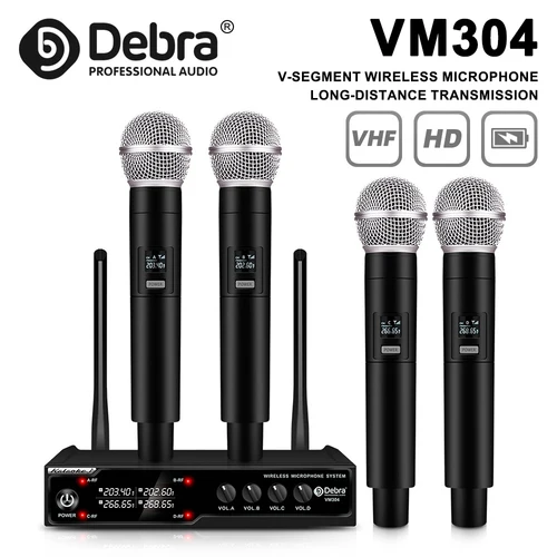 Imagen 1 del producto Debra-Sistema de micrófono inalámbrico VM304 de 4 canales, conjunto de micrófono de mano, rango de 80m, adecuado para karaoke, iglesia, fiestas