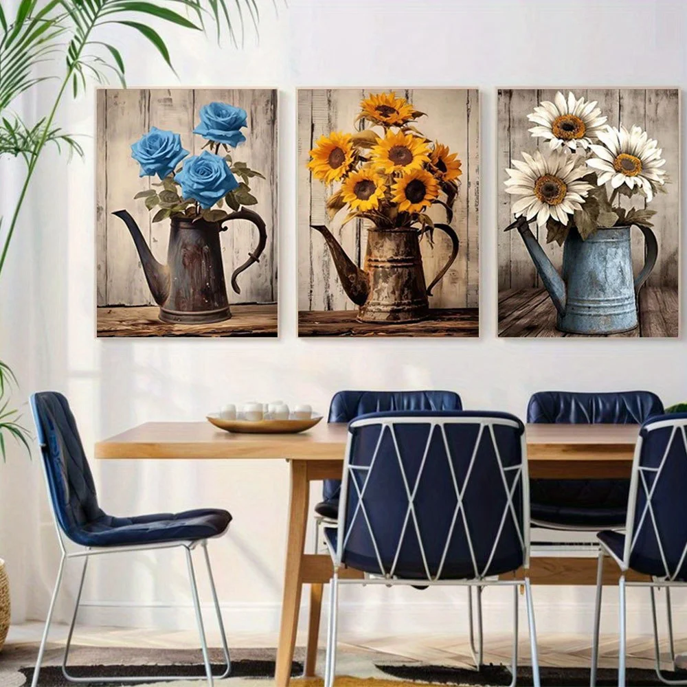 2D Flat 3pcs Unframed ZXHYWYM Piece Rustic Floral Wall Art Blue Rose Sunflower Daisy on Vintage Wood Grain Pictures Print Cou