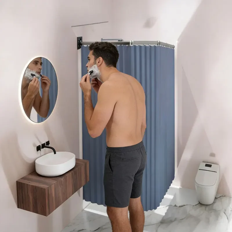 Wall Mount Folding Shower Curtain Rod 3/4/5 Fold Adjustable Shower Curtain Rod For Bathroom ,Clothing Store, Dressing Room