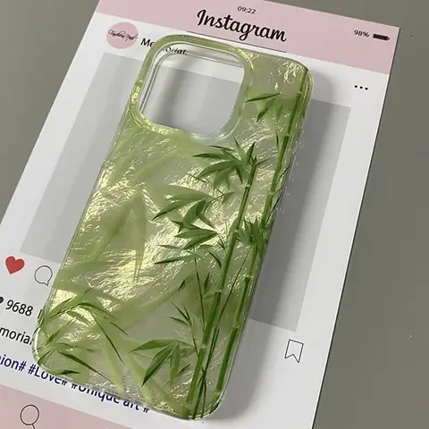 천공 된 소용돌이 껍질 IND iPhone 16 Pro Max 15 14 Plus 13 12 11 7 8 XR X XS 소프트 커버 용 새로운 중국 스타일 녹색 대나무 케이스