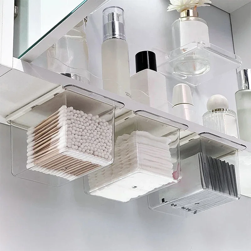 Palo de algodón transparente para baño, caja de almacenamiento estilo cajón extraíble para baño, maquillaje de algodón, debajo del gabinete con espejo